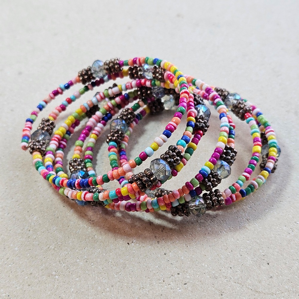 Boho Colorful Seed Bead Memory Wire Wrap Coil Bracelet Rainbow Multi Strand - Picture 2 of 4